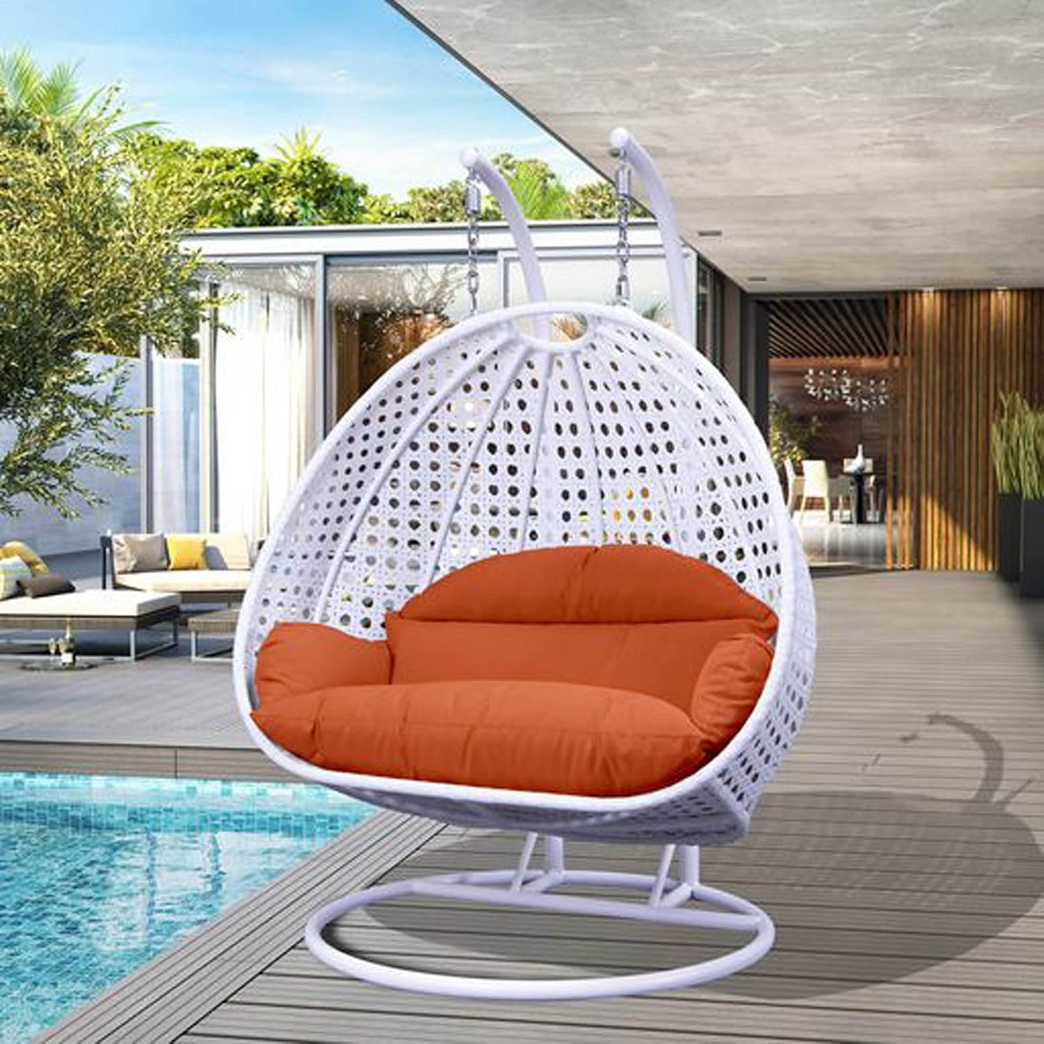 LeisureMod 2 Person Wicker Egg Chair Outdoor Indoor Bedroom Patio Hanging Lounge Swing Hammock Chairs with White Stand and UV Resistant Cushions (Orange)