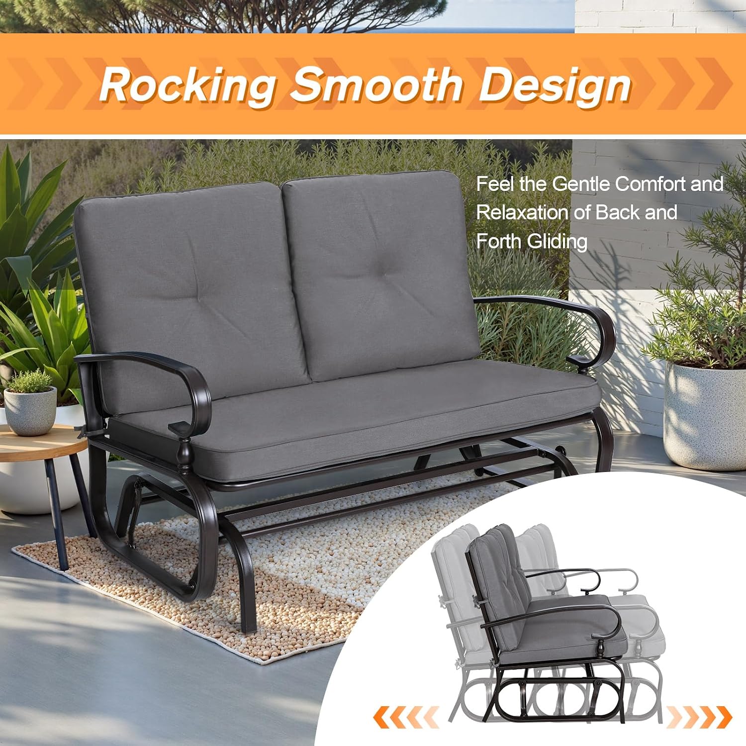 Incbruce Outdoor Textilene Glider Rocking Chair Patio Glider Bench for 2 Person, Porch Loveseat Seating Patio Steel Frame Chair Set with Cushion for Porch, Patio, Garden (Grey)