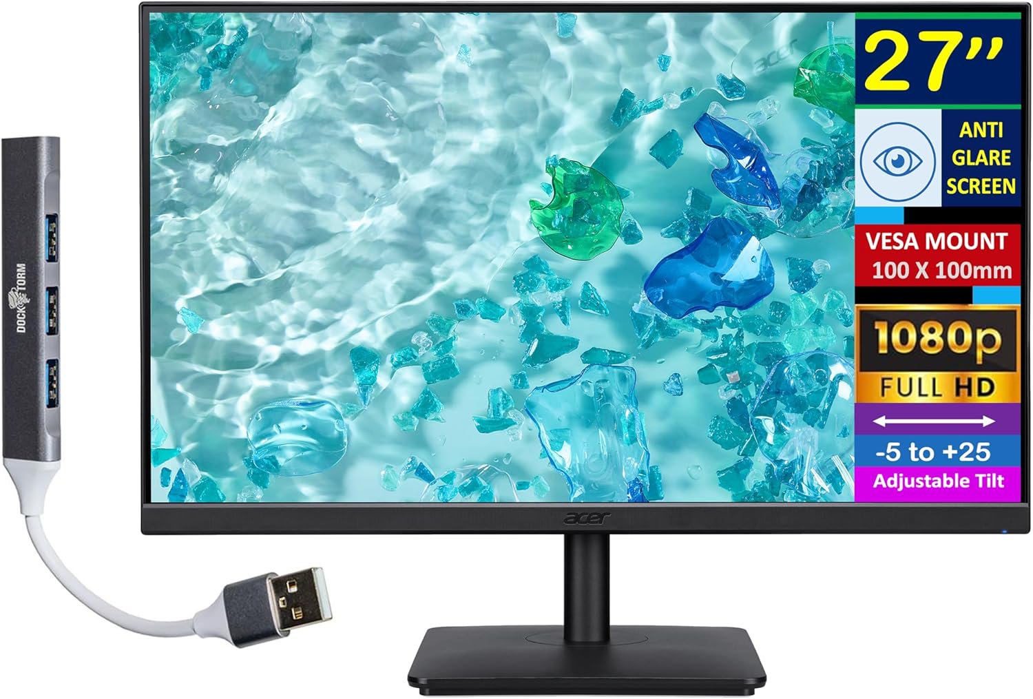 acer 27' FHD IPS Monitor with 4ms Response Time, Anti Glare, VESA Mount (100mm), VGA, HDMI & DKZ USB Port Expander, Black Color