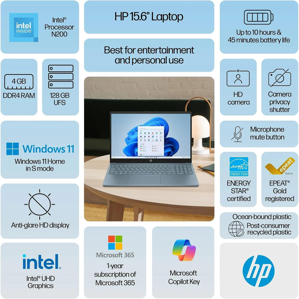 HP 15.6' Portable Laptop (Include 1 Year Microsoft 365), HD Display, Intel Quad-Core N200 Processor, 16GB RAM, 128GB Storage, Wi-Fi 6, Webcam, HDMI, Numeric Keypad, Windows 11 Home, Moonlight Blu