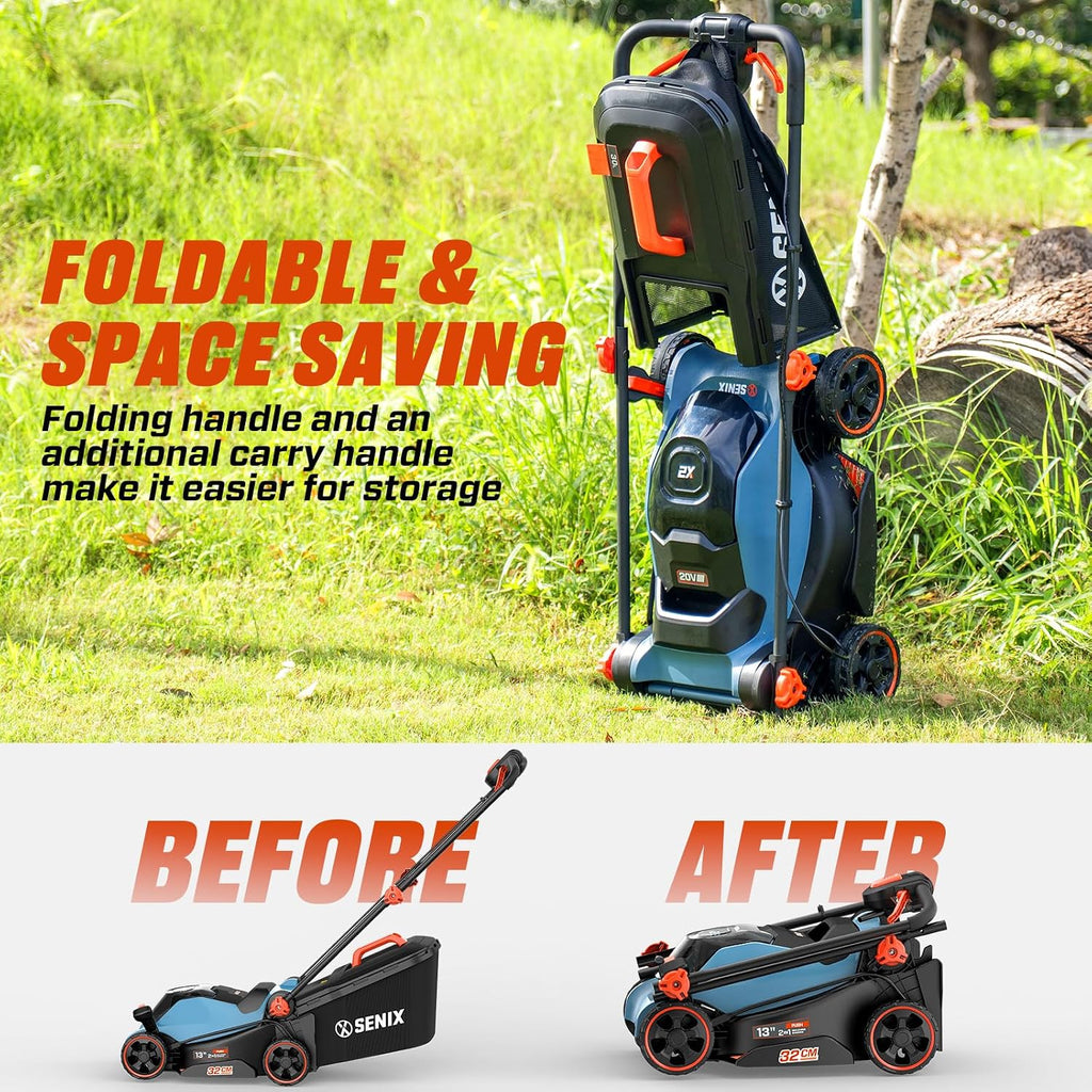 SENIX 20V 13' Cordless Lawn Mower, 2-in-1 Electric Push Mower 4.0Ah Battery & Charger, Bagging, Mulching, 5 Position Height Adjustment, for Garden Yard