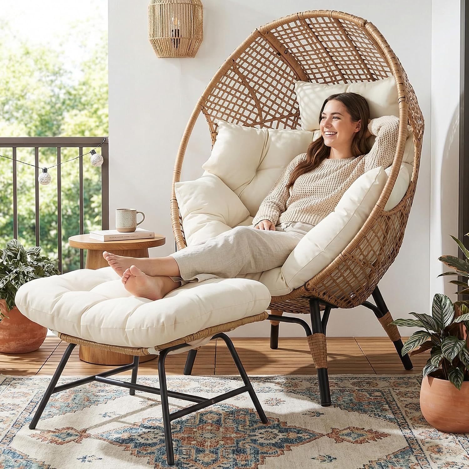 NICESOUL Indoor Outdoor Egg Chair with Ottoman, Comfy Thick Cushioned Egg-Basket Lounge Chair w/Footrest, 440lbs Eggshell Chairs with Foot Rest, Boho Chair for Patio, Balcony, Bedroom, Sunroom, Beige