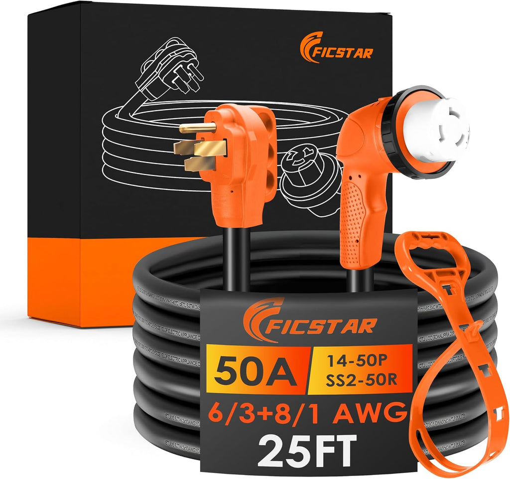 50 Amp RV Extension Cord 25 ft, Heavy Duty 6/3+8/1 SJTW AWG RV Power Cord with Grip Handle Twist Lock, NEMA 14-50P to SS2-50R with Polarity Lamp
