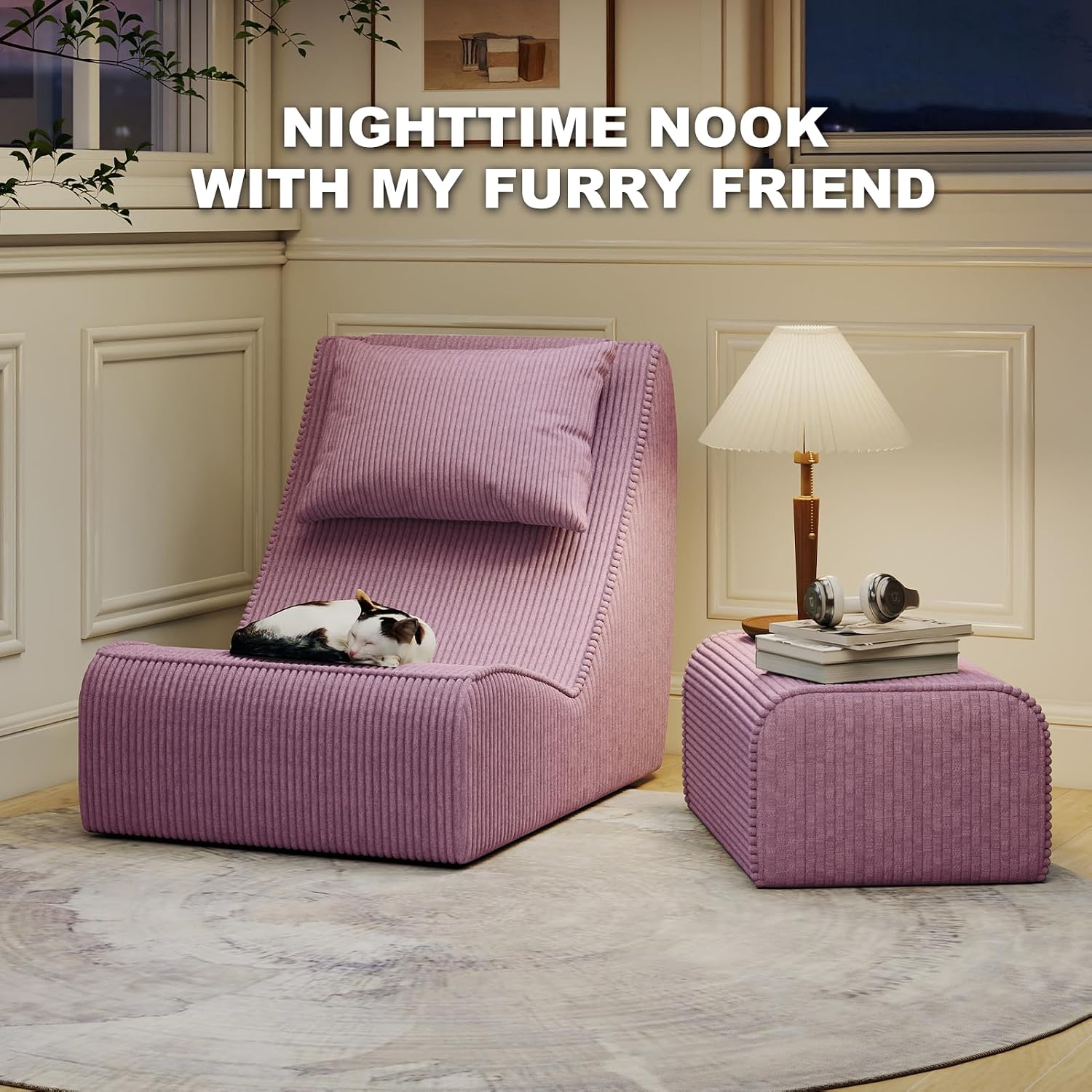 Giant Bean Bag Chair for Adults,Corduroy Chaise Lounge with Unrivaled Back Support, Detachable Neck Pillow, Comfortable Ottoman & Washable Cover for Living Room, Bedroom, Garden (Taro)