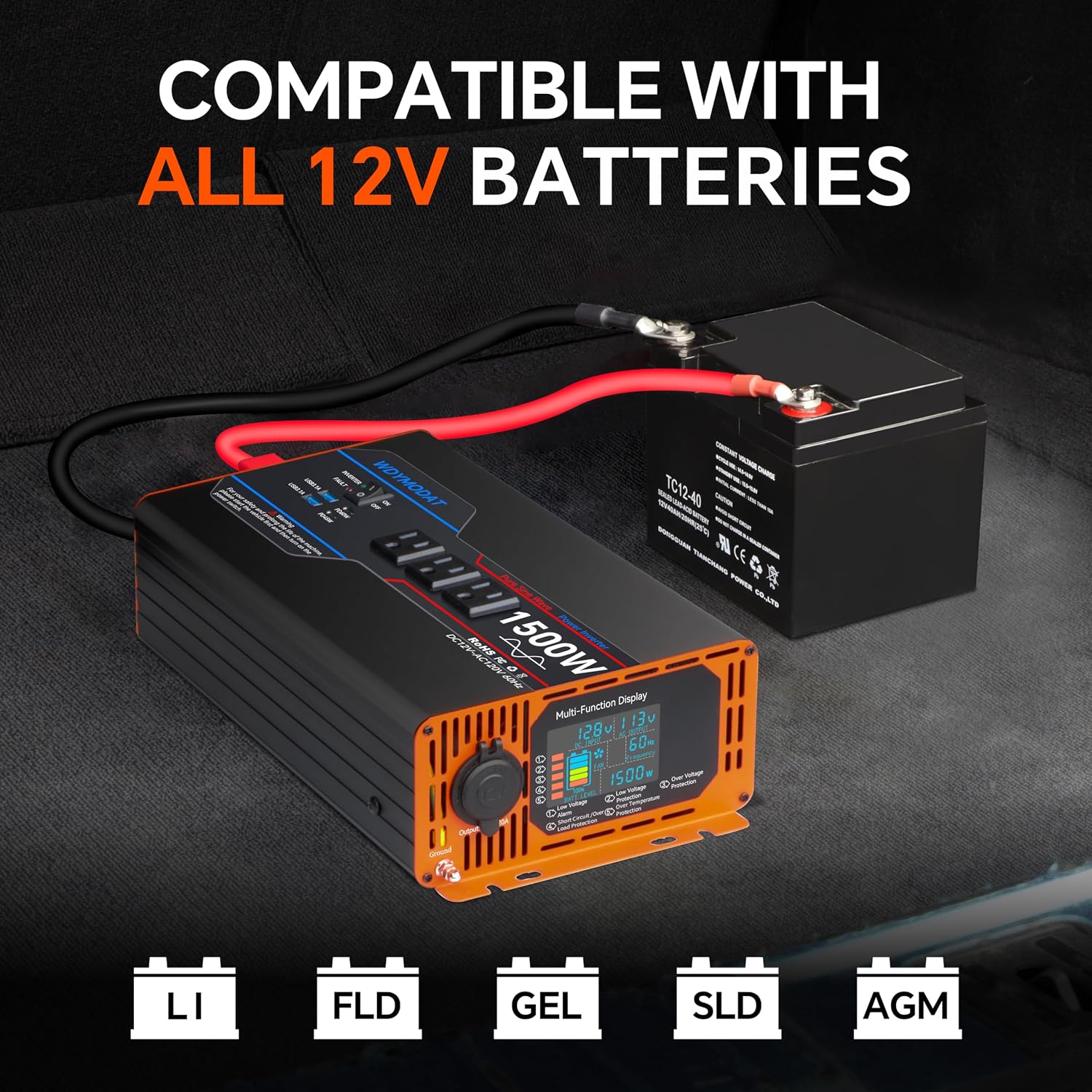 1500W Pure Sine Wave Inverter, Car Power Inverter 12V to 110V 120V, DC to AC Converter Generator with AC Outlets 3.0A USB Type-C, Remote Controller LCD Display Truck Inversor for Vehicles, RV