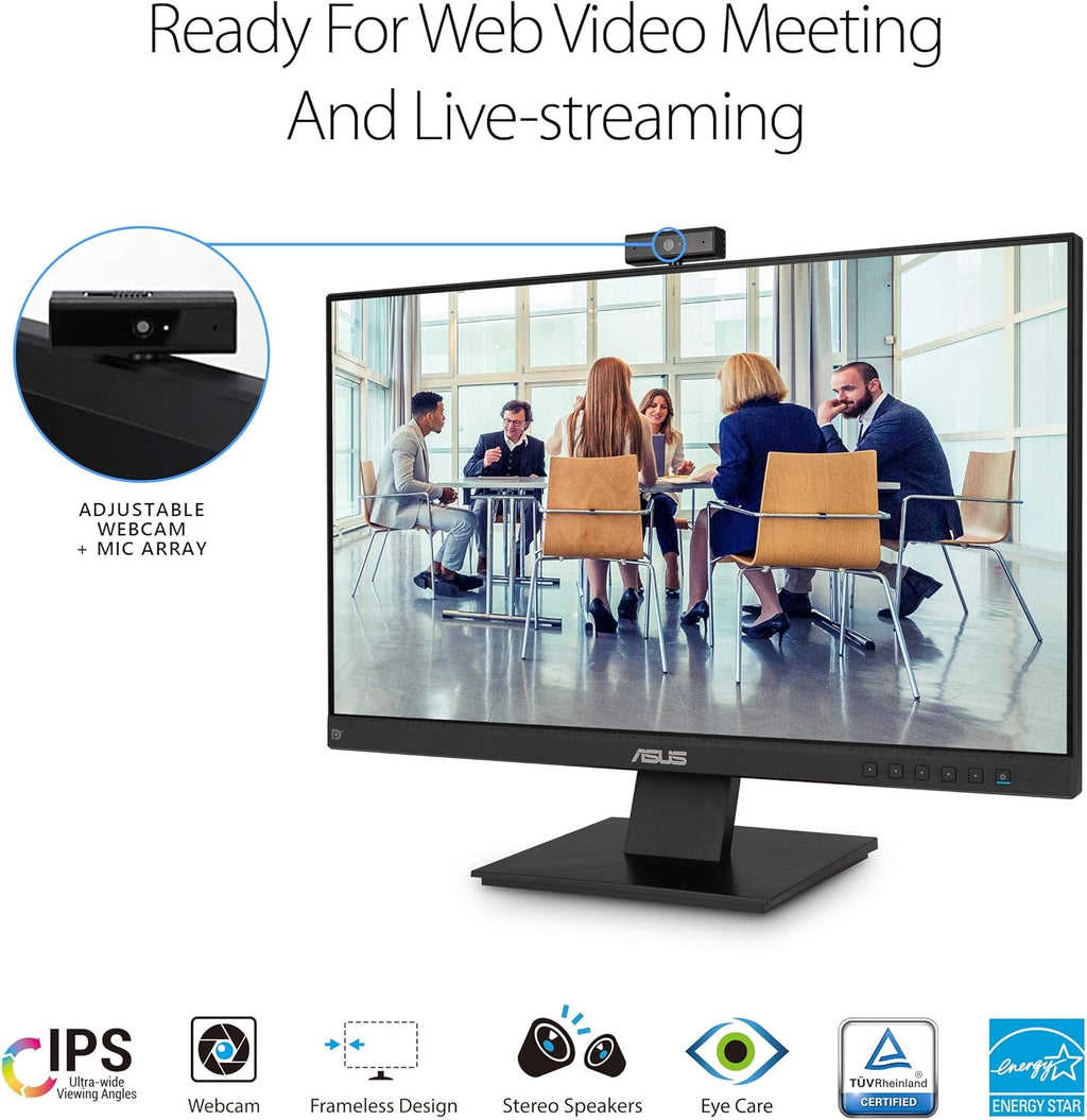 ASUS BE24EQK 24' Business Monitor with 1080P Full HD IPS, Eye Care, DisplayPort HDMI, Frameless, Built-in Adjustable 2MP Webcam, Mic Array, Stereo Speaker, Video Conference,Black