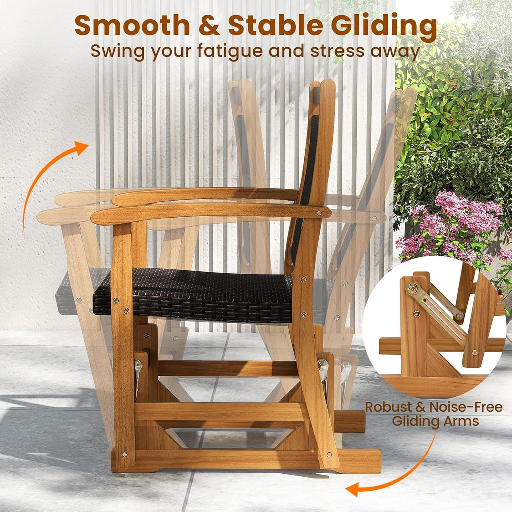 Tangkula Patio Rattan Glider Chair, Swing Gliding Rocker w/Acacia Wood Frame & Wicker Seat Back, Outdoor Rocking Armchair w/Curved Armrests for Porch, Backyard, Poolside (1 Seat-2 Pack)