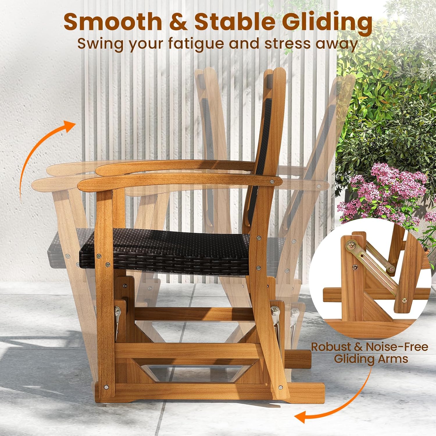 Tangkula Patio Rattan Glider Chair, Swing Gliding Rocker w/Acacia Wood Frame & Wicker Seat Back, Outdoor Rocking Armchair w/Curved Armrests for Porch, Backyard, Poolside (1 Seat-2 Pack)