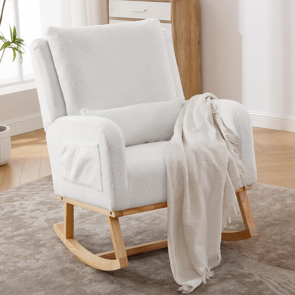 HCHAIRH Rocking Chair Nursery, Sherpa Nursing Rocking Chairs, Upholstered Nursery Glider Rocker Wingback Morden Rocking Chair with Lumbar Pillow for Mom Nursery, Living Room, Bedroom, Teddy White