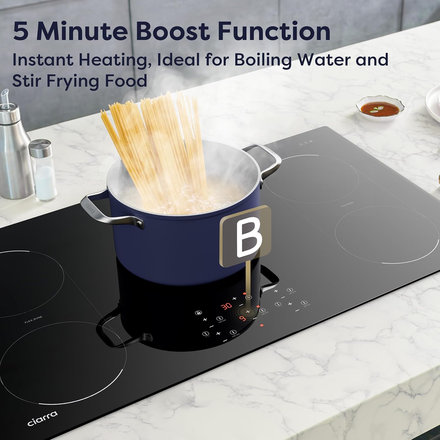 CIARRA 36 inch Induction Cooktop 5 Burners, 9600W Built-in Induction Stovetop with Double Flexi Zone, Booster, Timer & Safety Lock