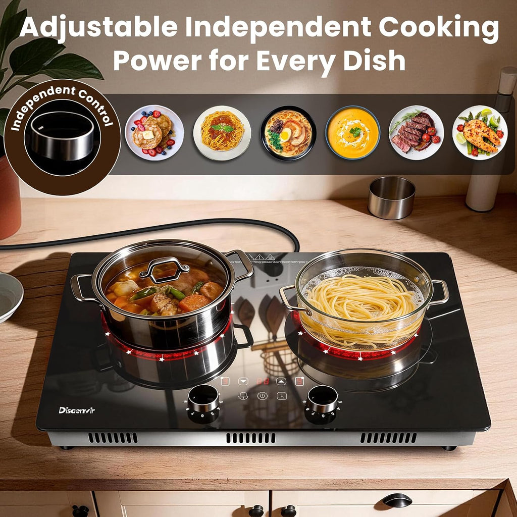 2 Burner Electric Cooktop 110V - 24 Inch(23.6'x 13.78') Ceramic Stove Countertop & Built-in(22'x 12.2'), 2000W Two Burner Cooktop with Touch & Knob Control, Timer, Safety Lock, 120V Plug in