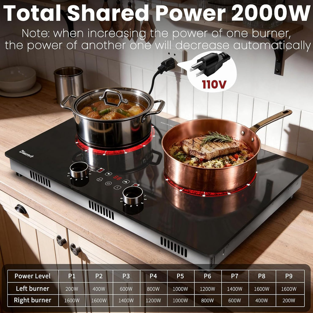 2 Burner Electric Cooktop 110V - 24 Inch(23.6'x 13.78') Ceramic Stove Countertop & Built-in(22'x 12.2'), 2000W Two Burner Cooktop with Touch & Knob Control, Timer, Safety Lock, 120V Plug in