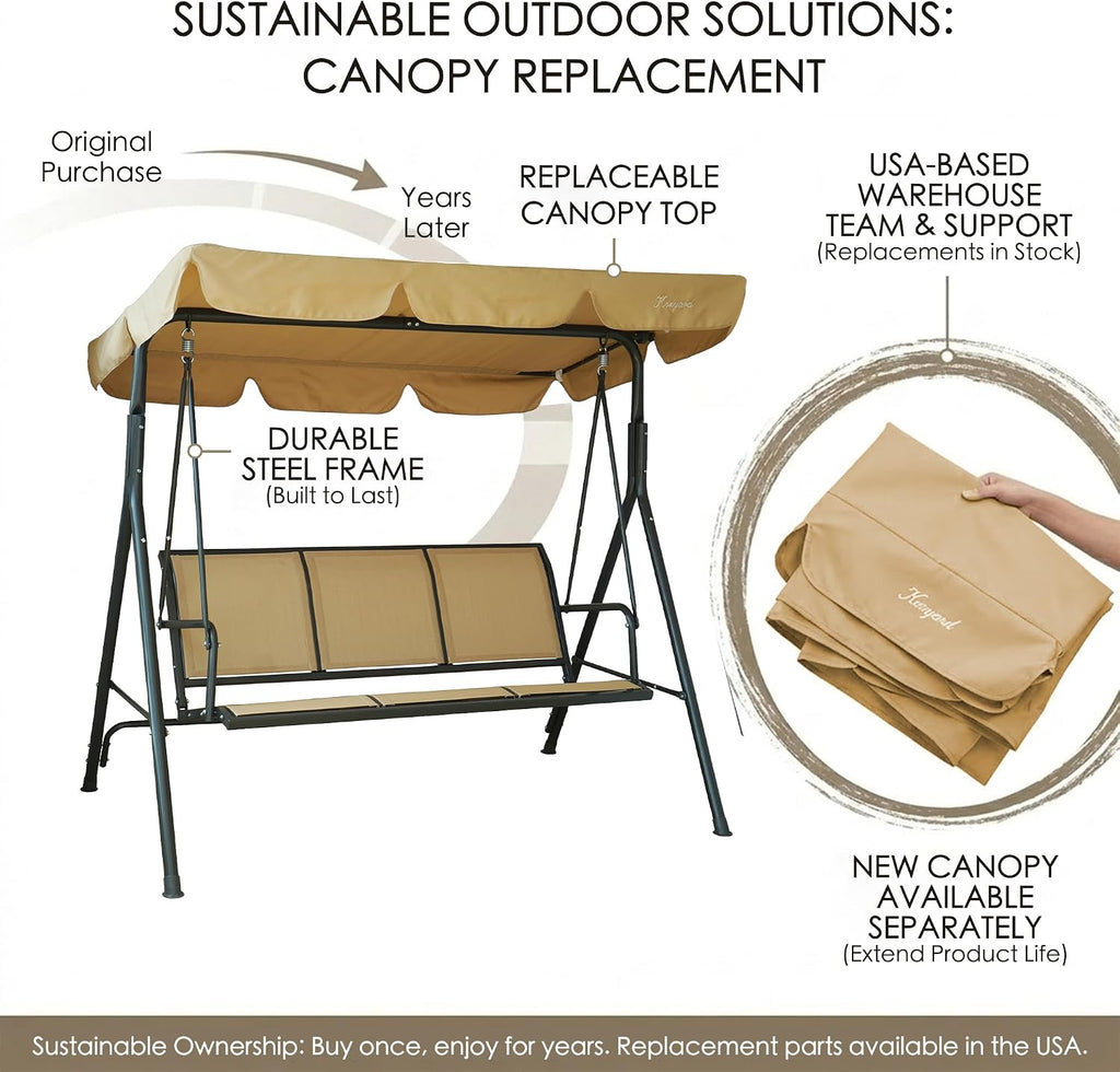 Kozyard 3-Person Outdoor Canopy Porch Swing Chair, Breathable Textilene Armrest Seat, Adjustable Shade, Heavy-Duty Powder-Coated Steel Frame Swing for Patio, Backyard, Poolside & Balcony, Beige