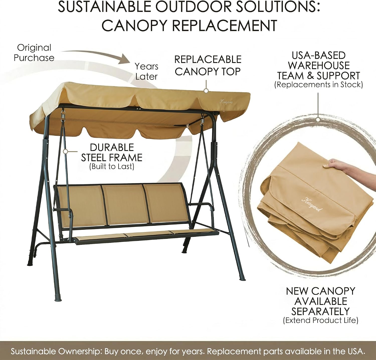 Kozyard 3-Person Outdoor Canopy Porch Swing Chair, Breathable Textilene Armrest Seat, Adjustable Shade, Heavy-Duty Powder-Coated Steel Frame Swing for Patio, Backyard, Poolside & Balcony, Beige