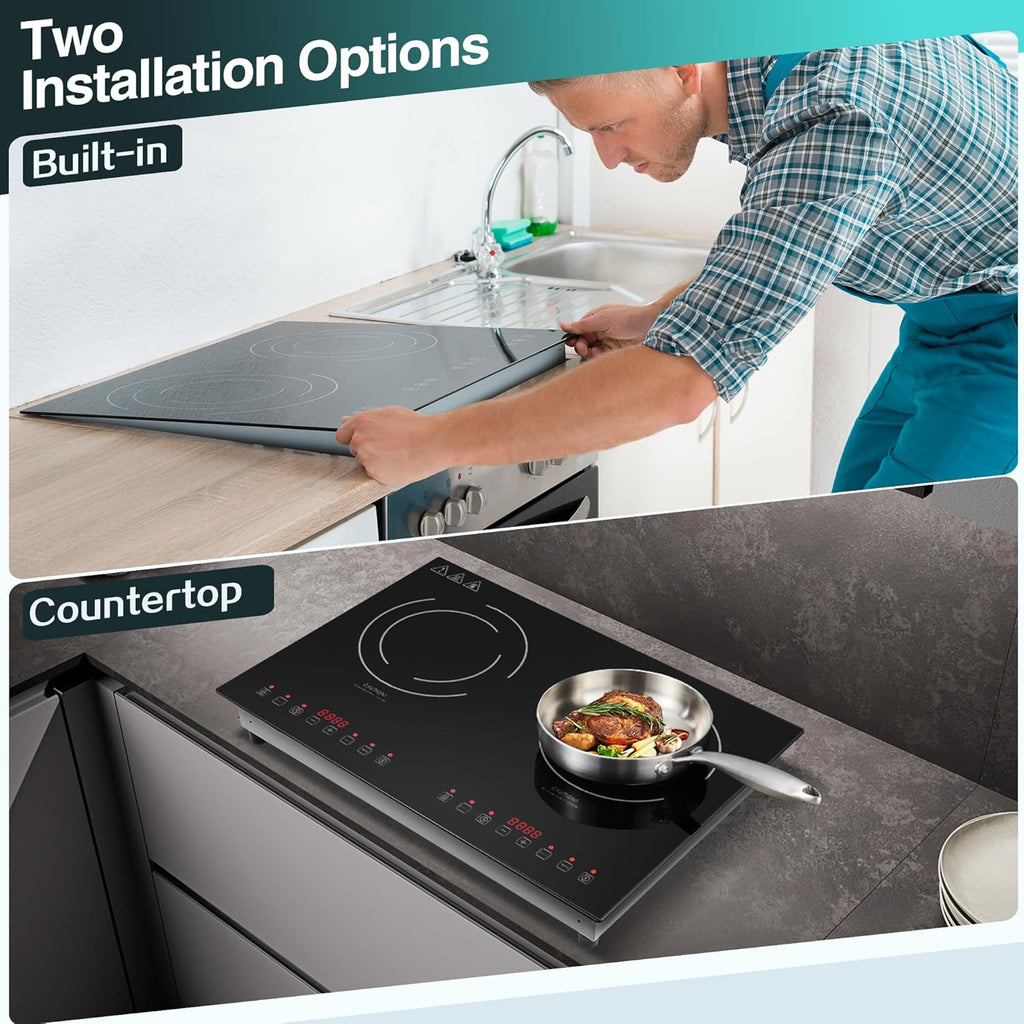 Induction Cooktop with 2 Burners, Horizontal Electric Stove, Built-In Induction Cooker, 1800W Sensor Touch Electric Cooktop, 9 Power Levels, Timer, Safety Lock, 120V, 20 Inch