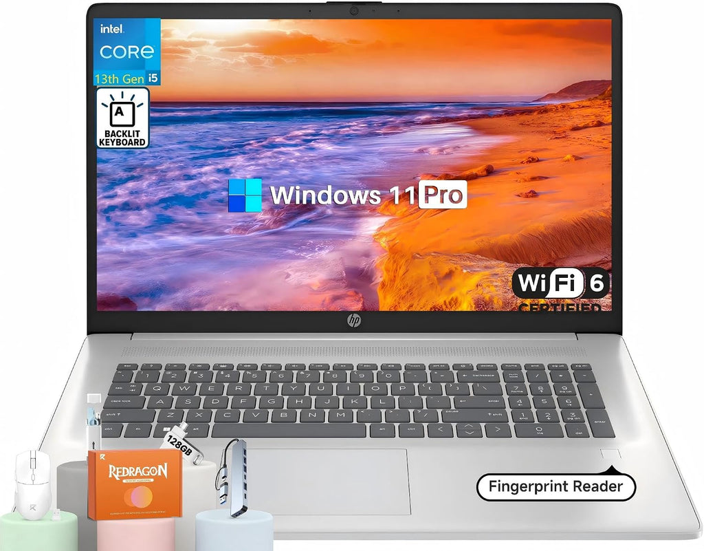 HP 17 Inch Laptop, 17.3' HD+ Display, Intel i5-1334U (10 Cores, Up to 4.6 GHz), 32 GB RAM, 1 TB SSD, Backlit Keyboard, Fingerprint Reader, Wi-Fi 6, HD Webcam, Windows 11 Pro for Business and Students