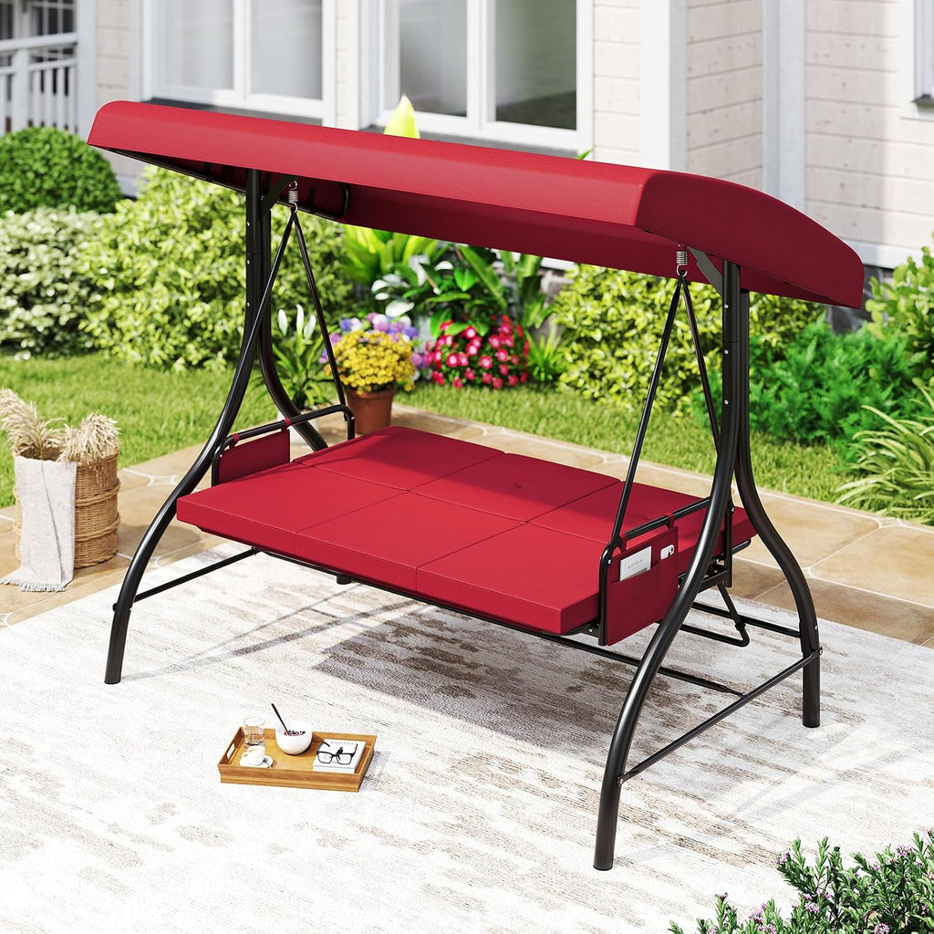 Tangkula 3 Person Porch Swing, 2-in-1 Convertible Outdoor Swing with Adjustable Canopy, Removable Cushions, Metal Frame, Side Pockets for Backyard, Garden, Porch (Burgundy)
