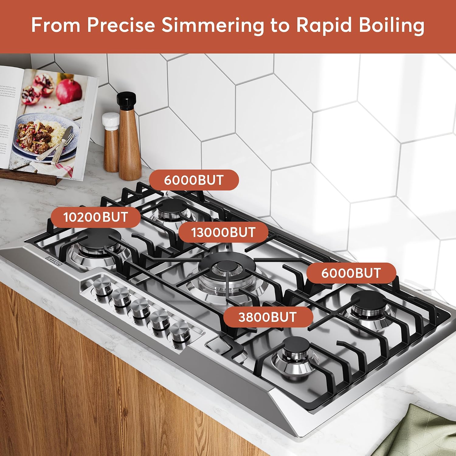 Empava 36 Inch Gas Cooktop,5 SABAF Sealed Burners Made in Italy,Propane Stove LPG/NG Convertible,Bulit-in Cook Top Stainless Steel, CSA Certified,Thermocouple Protection,for Homes, kitchens