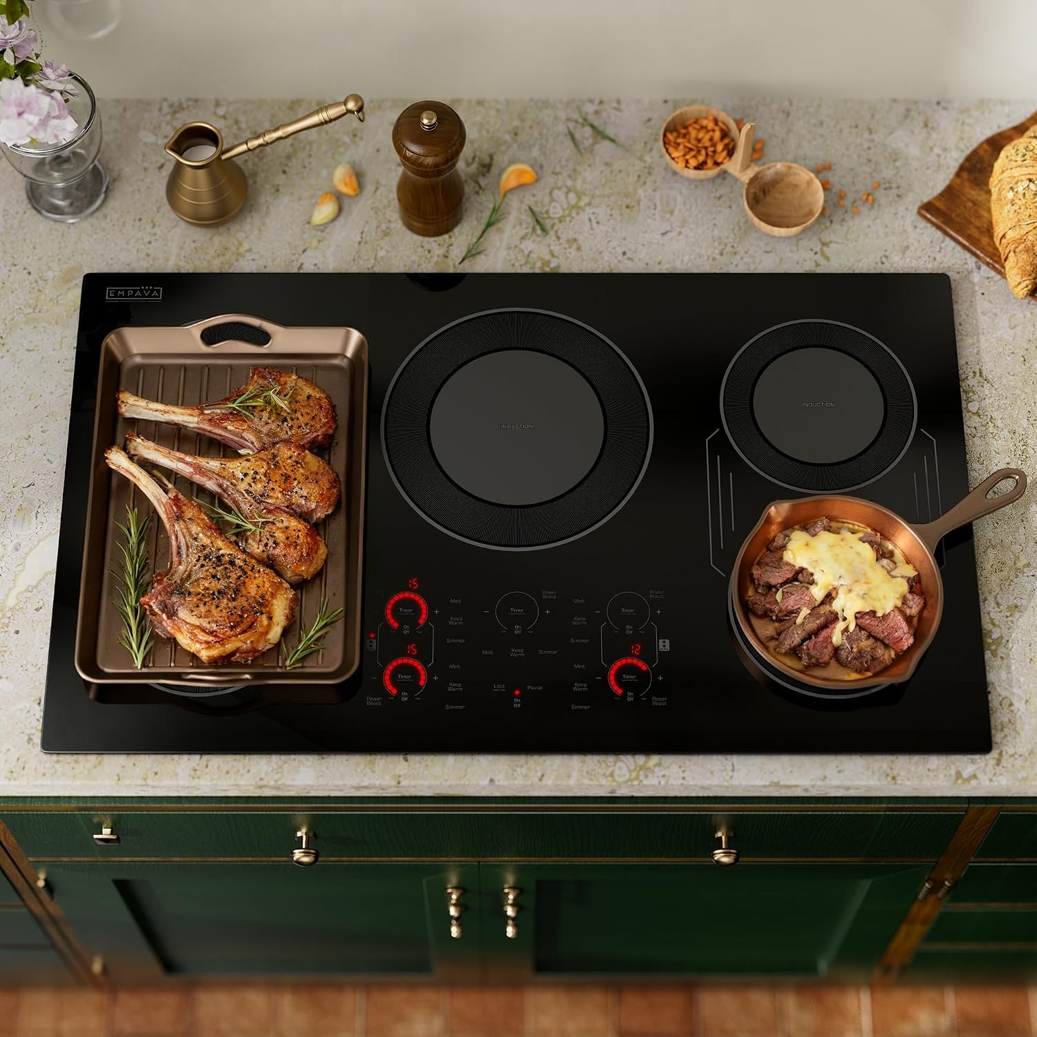 Empava Built-In Electric Induction Cooktop 36 Inch, Bridge-SYNC Element, Auto RapidHeat, 3 Preset Modes, Pan Sensor, Hardwired 208~240V, 50A, Black Vitro Ceramic Glass