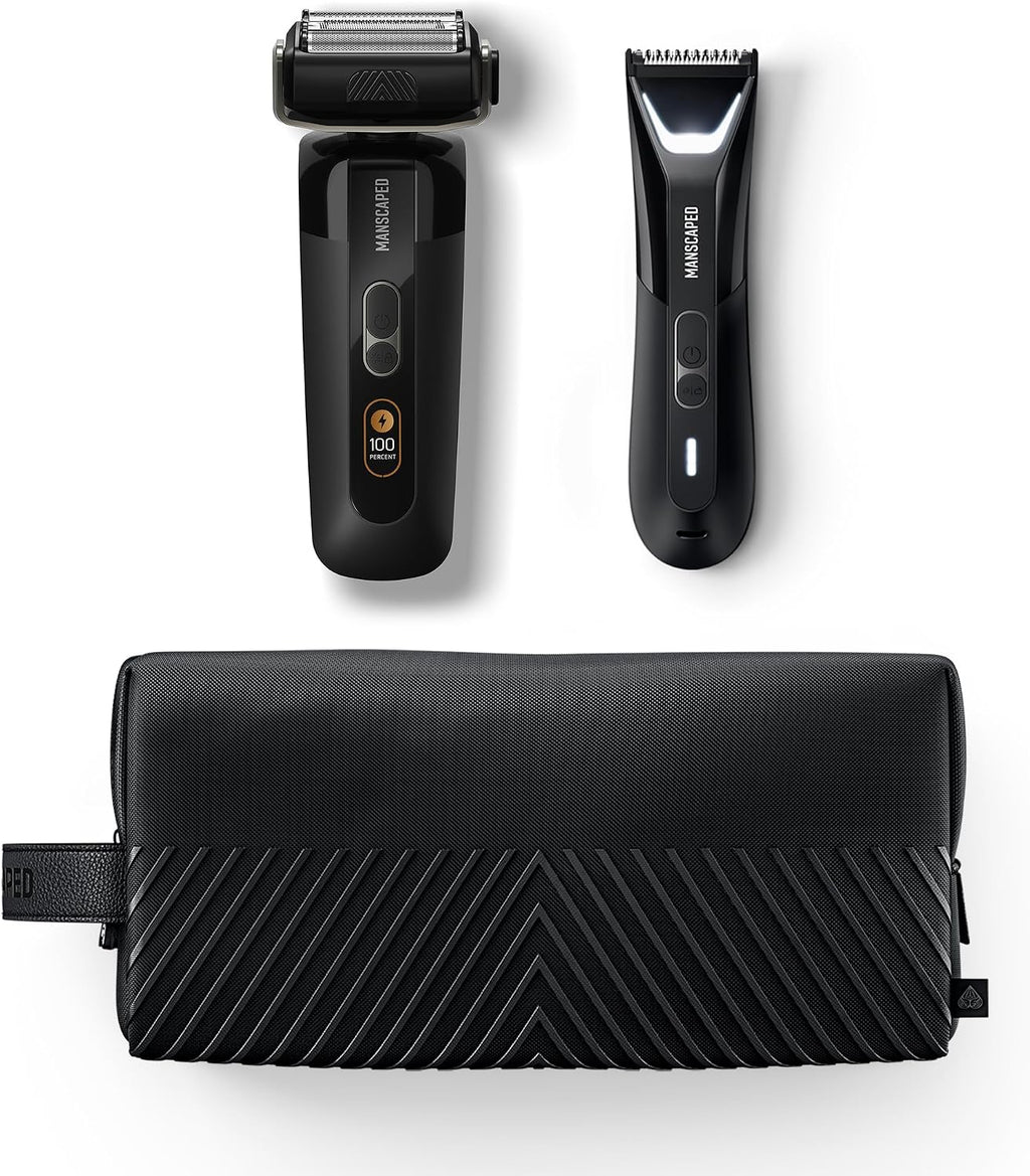 MANSCAPED® The Chairman™ PRO & The Lawn Mower® 5.0 Ultra - Men's Face Shaver with Two SkinSafe® Blades, Four-Blade Foil & Stubble Trimmer & Dual-Head Groin & Body Hair Trimmer with Toiletry Bag