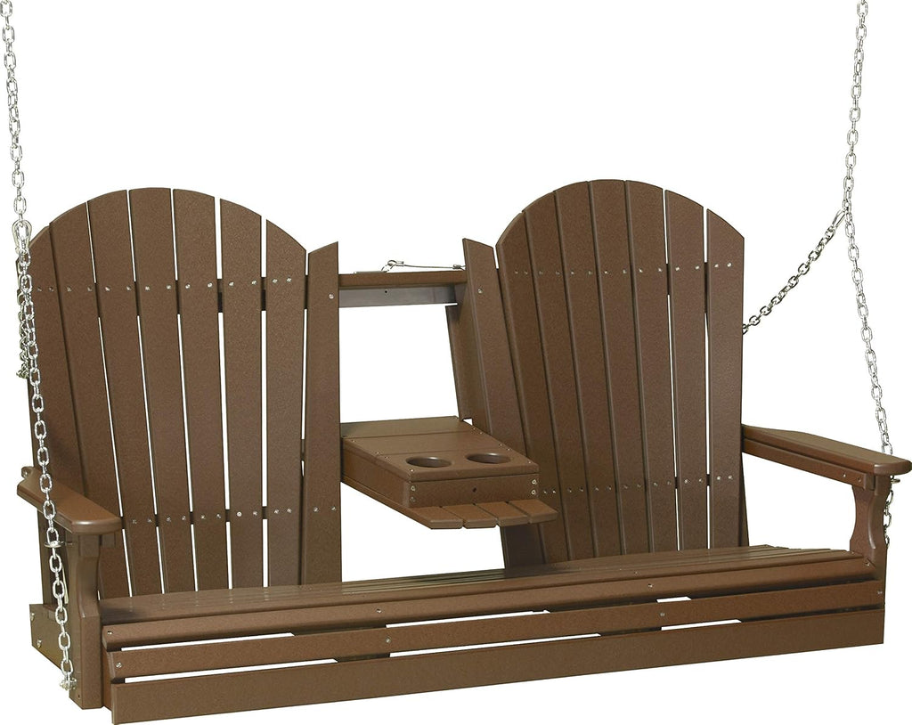 LuxCraft 5' Adirondack Hanging Porch Swing with Flip Down Console, Outdoor Patio Swing, Front Porch Swing, Outdoor Swing Bench (Chestnut Brown)