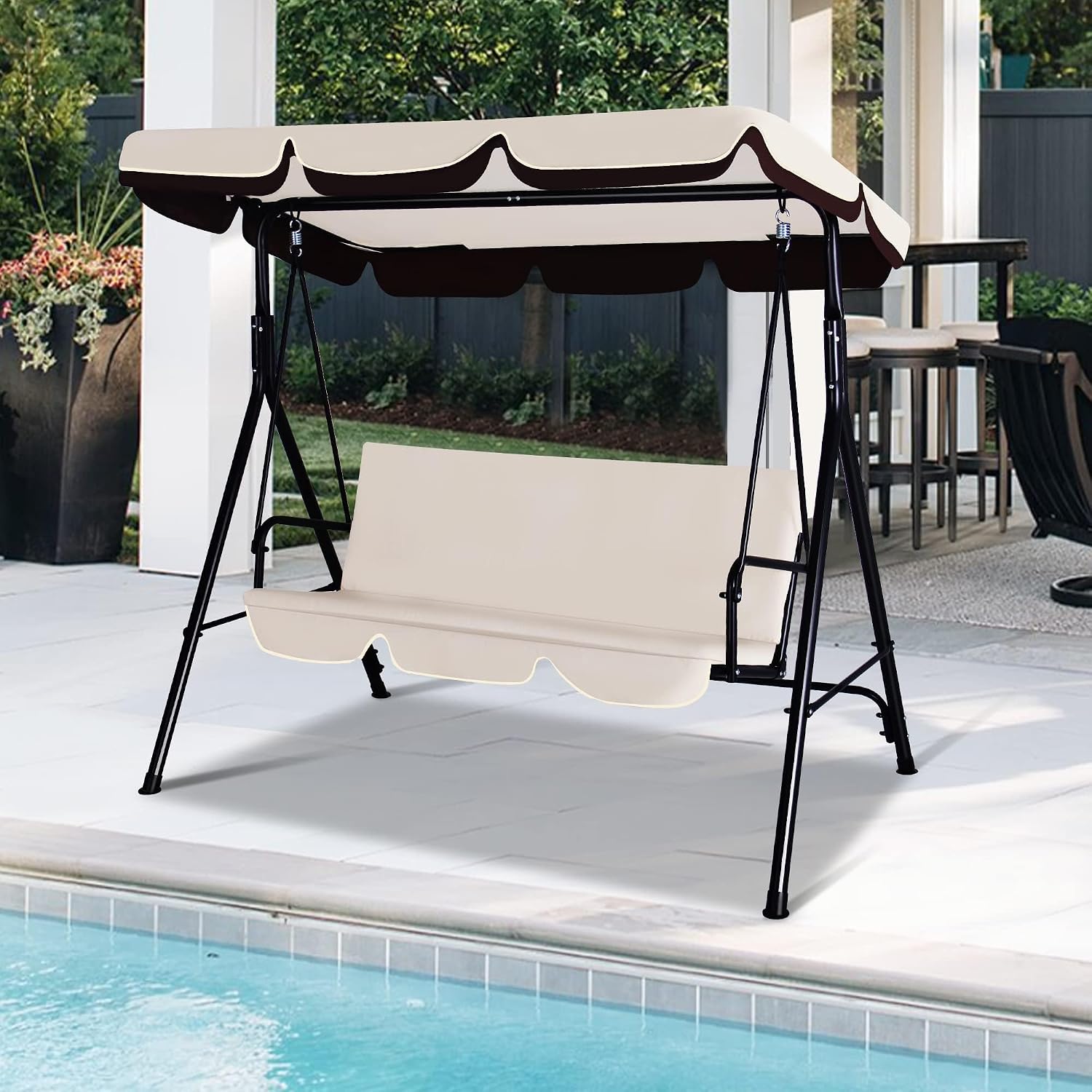 GARTOO 3-Seat Patio Swing Chair, Outdoor Porch Swing with Adjustable Canopy and Durable Steel Frame for Patio, Garden, Poolside (Beige)