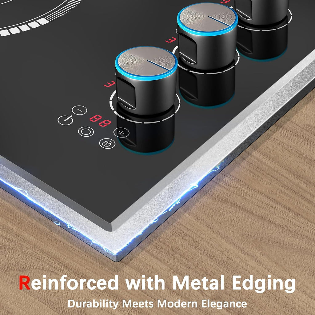 30 Inch Electric Cooktop, 4 Burner Electric Stove Top with Knob Control, 6700W Stove Top Burner with Overheat Protection, Child Lock, Timer, Durable Metal Frame, Bulit-in Glass Top 220-240V Hardwired