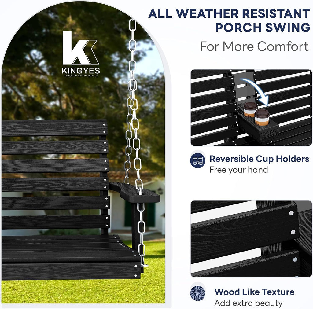 KINGYES Outdoor Hanging Patio Swing Chair, 2 Seat Swing with Cup Holders, Waterproof Bench for Courtyard & Garden, 660LBS Weight Capacity, Black