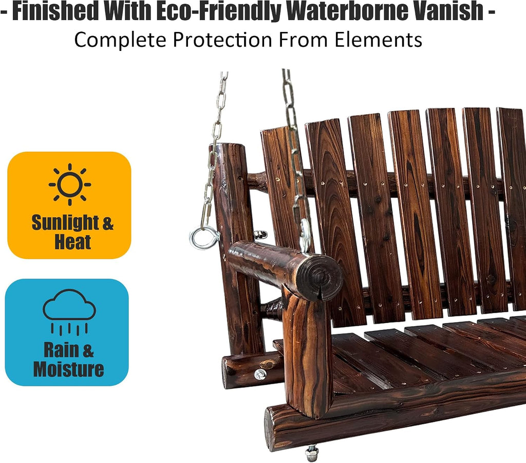 5FT Rustic Log Wooden Porch Swing, Heavy-Duty 900 LBS, Outdoor Hanging Bench for Patio, Garden, Yard – Solid Fir Wood, Handcrafted, Weather-Resistant Finish (Rustic, 5-feet)