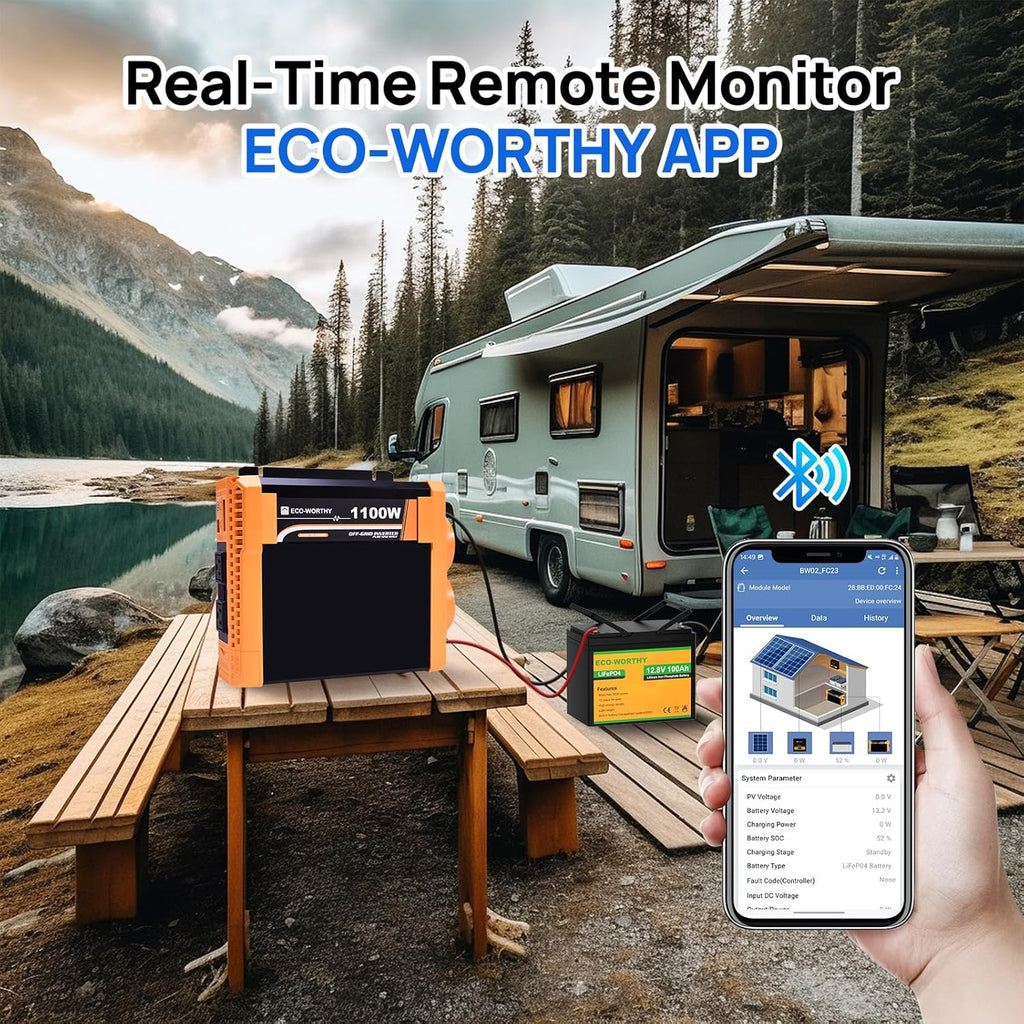 ECO-WORTHY 200 Watt 12V Complete Solar Panel Starter Kit for RV Off Grid with Battery and Inverter: 2pcs 100W Solar Panel + 30A Charge Controller + 100Ah Lithium Battery + 1100W Premium Solar Inverter