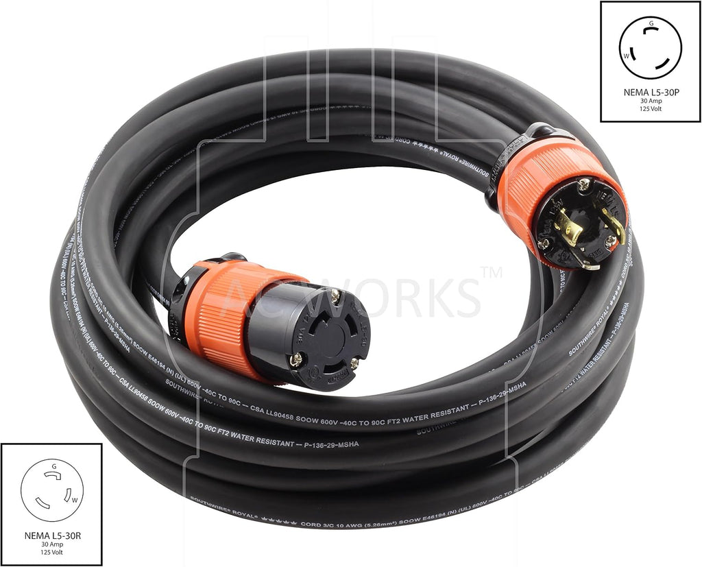 AC WORKS [L530PR] SOOW 10/3 3-Prong NEMA L5-30 30Amp 125Volt Generator Rubber Locking Extension Cord (75FT)