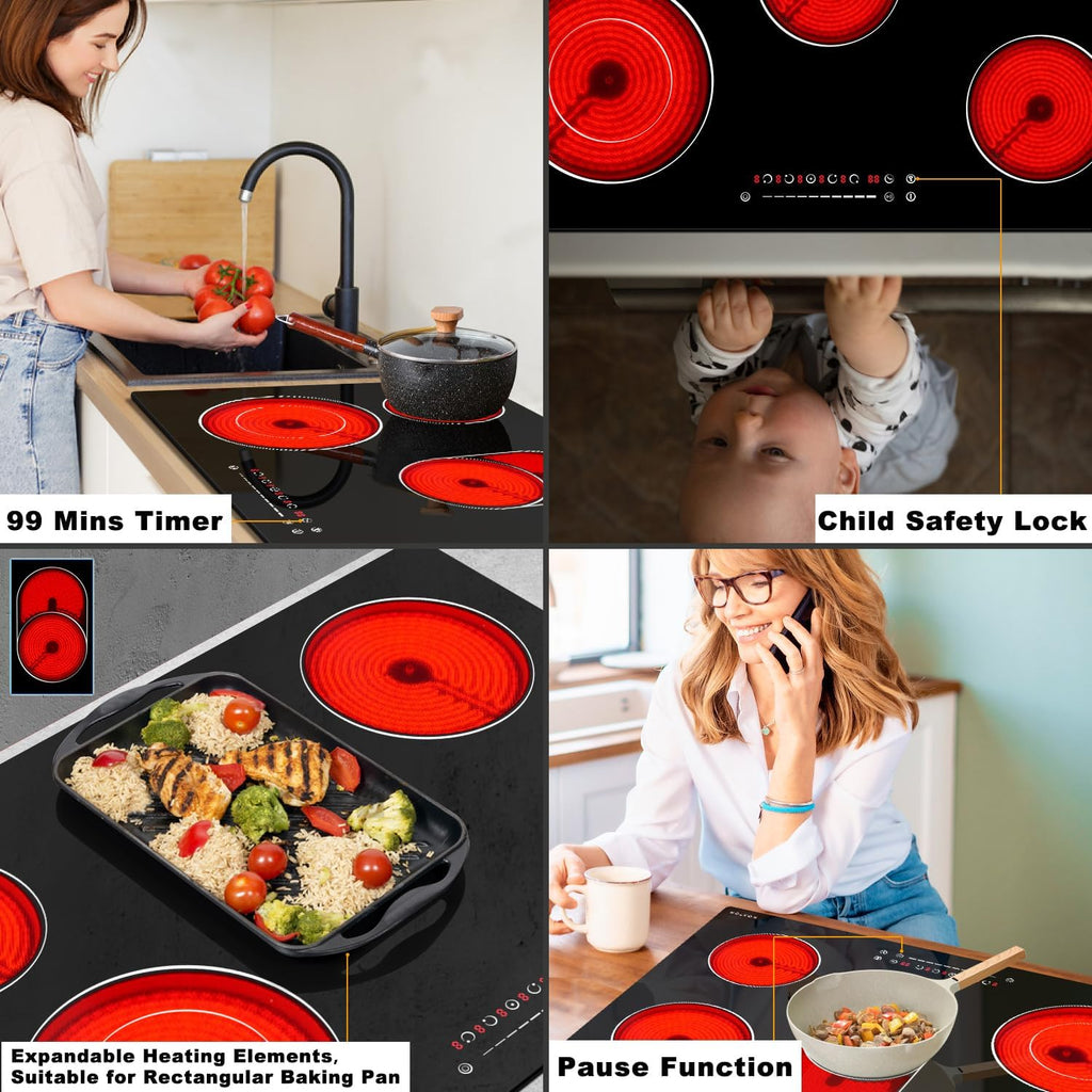 Noxton Electric Cooktop 30 Inch, 8400W 5 Burners Drop-in Radiant Electric Stove Top, Sensor Touch Control, 9 Power Levels, Child Safety Lock, Timer,40Amps 220-240V Hardwire