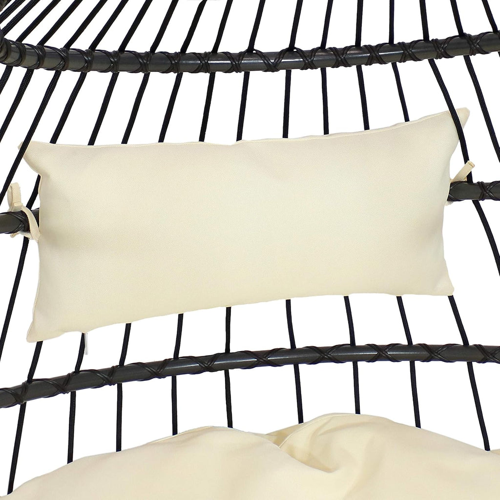 Sunnydaze Penelope Black Steel and Polyethylene Wicker Hanging Egg Chair with Cream Polyester Cushions - 45-Inch Tall