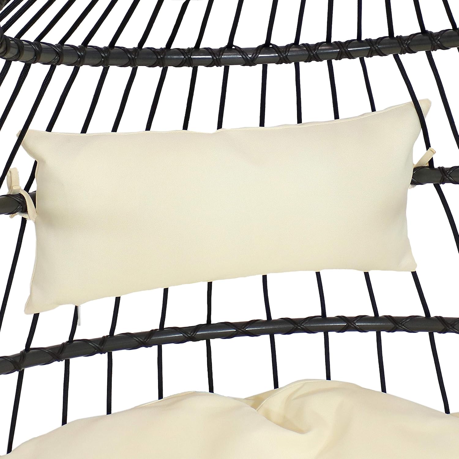 Sunnydaze Penelope Black Steel and Polyethylene Wicker Hanging Egg Chair with Cream Polyester Cushions - 45-Inch Tall