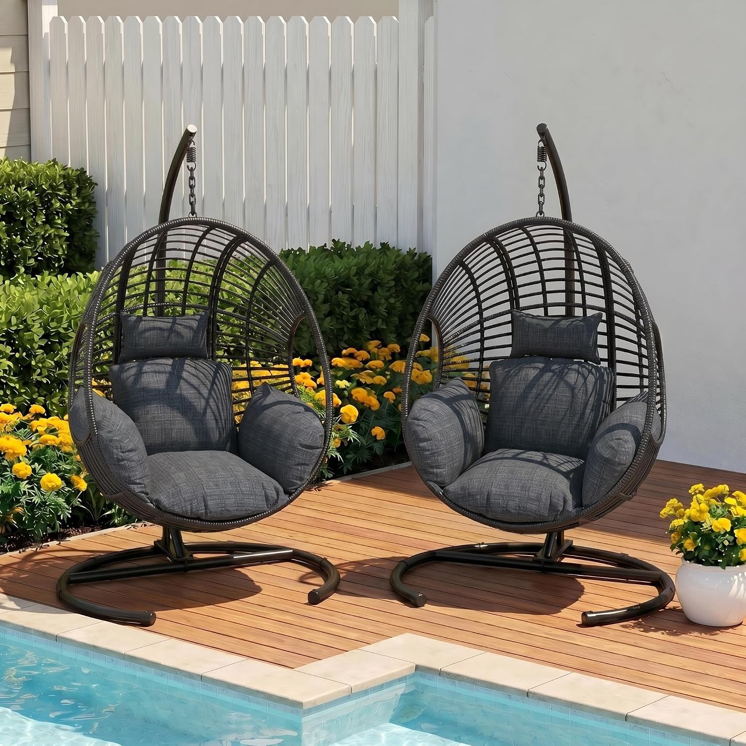 Oversized Hanging Egg Chair Set of 2 Outdoor Indoor, Wicker Swing Egg Chair with Stand 400lbs Capacity for Bedroom, Patio, Garden and Balcony