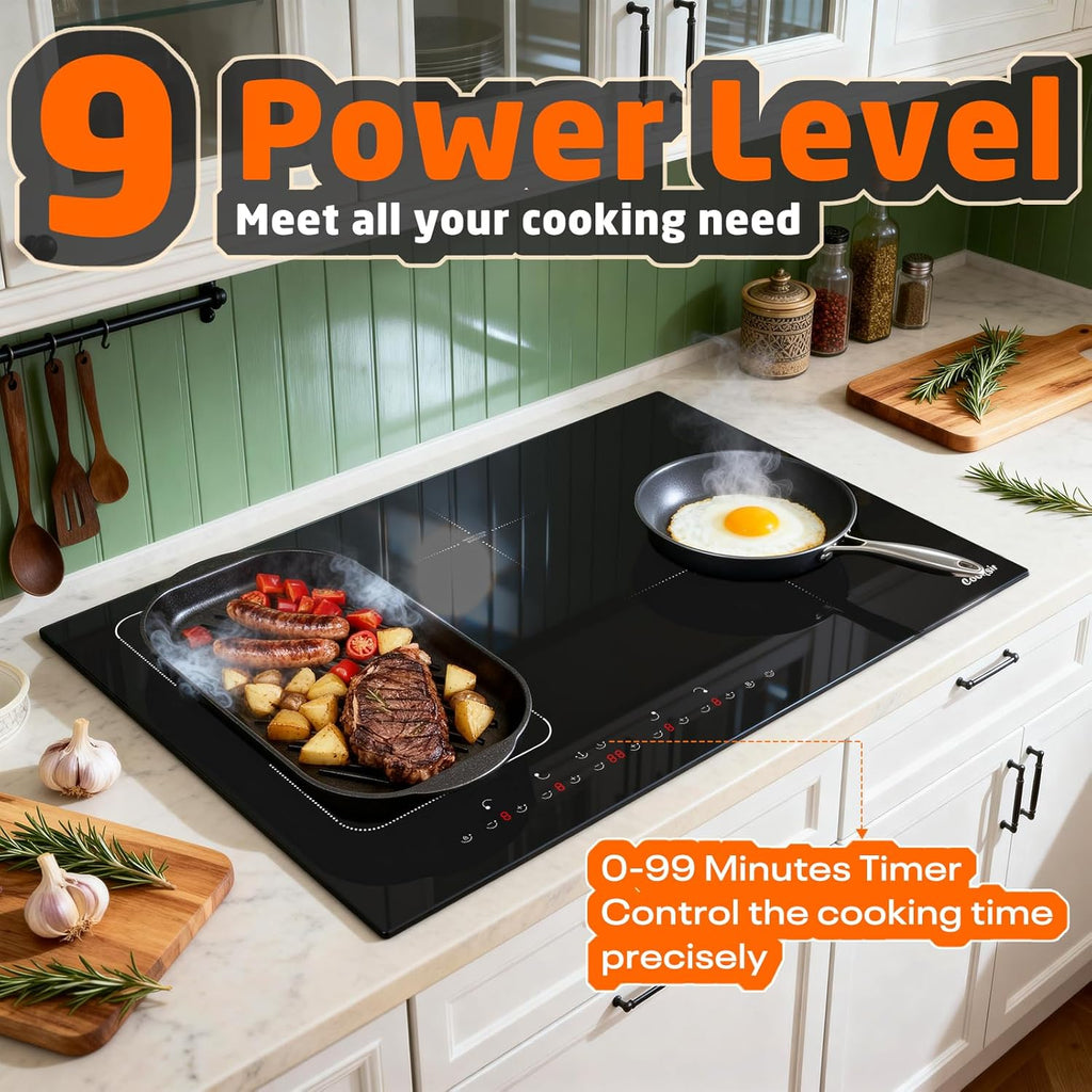 Induction Cooktop 30 Inch with Iron Pot, 4 Burner Built-in Stove 7200W, 30' Induction Stovetop Slide Touch with Flex Zone, Boost, Timer, Lock, Pause, 220V Hard Wired (No Plug)