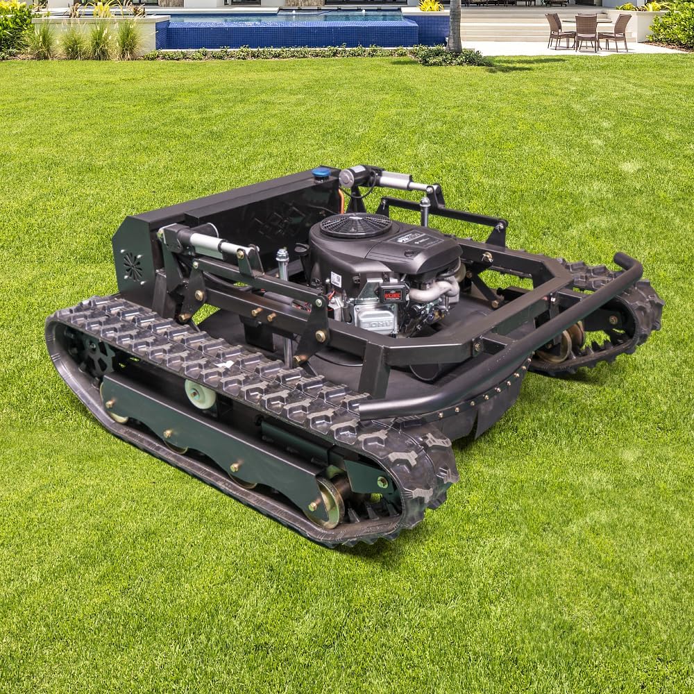 Remote-Controlled Tracked Robotic Lawnmower, Equipped with a 27hp High-Power Twin-Cylinder Engine and 48V Brushless Motor, All-Terrain Lawnmower, Climbing 65° Slope, Mowing Width 35.43 Inches