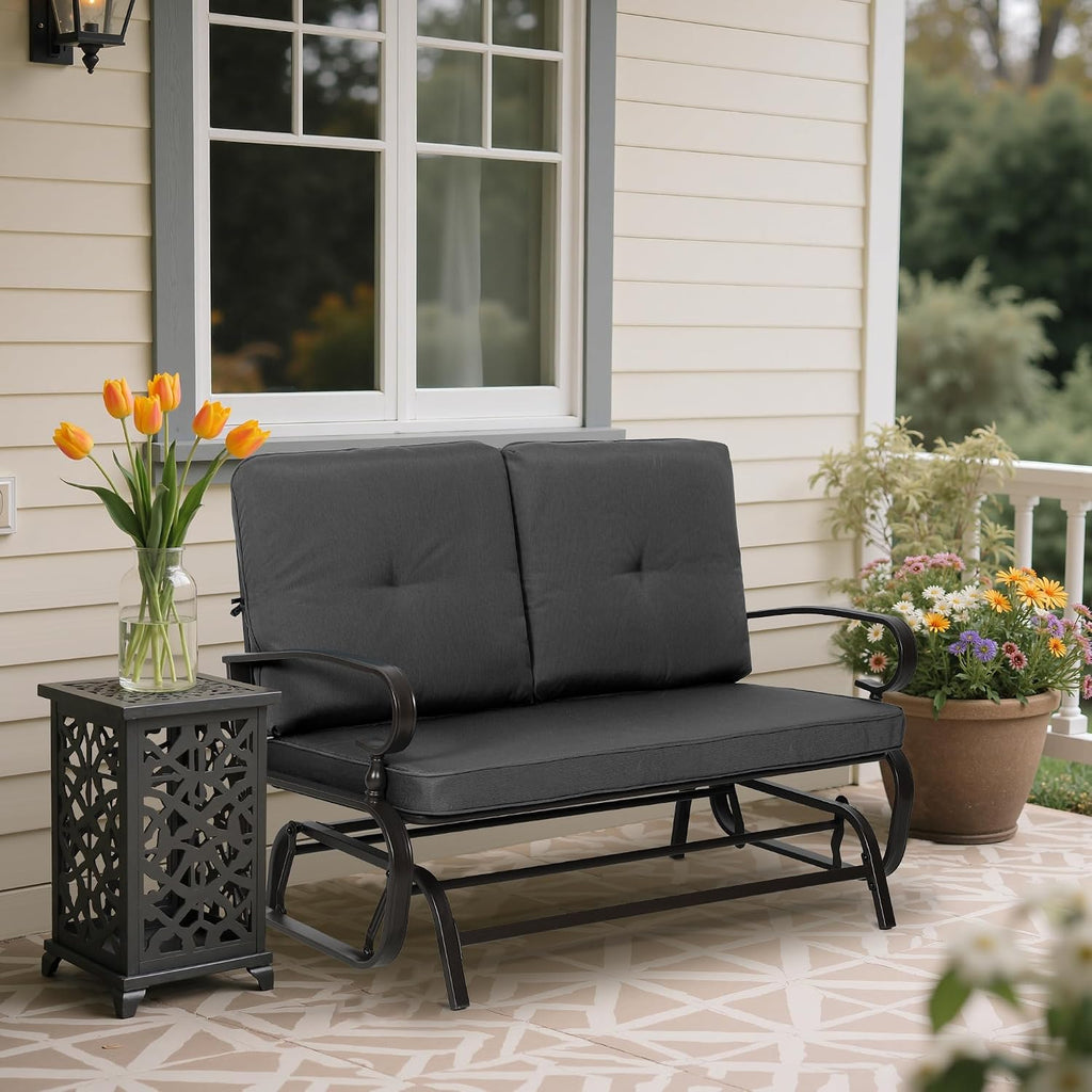 Outdoor Bench Patio Swing Glider Loveseat 2 Seats Rocking Chair, Wrought Iron Gliders for Outside Patio with Cushion (Grey)