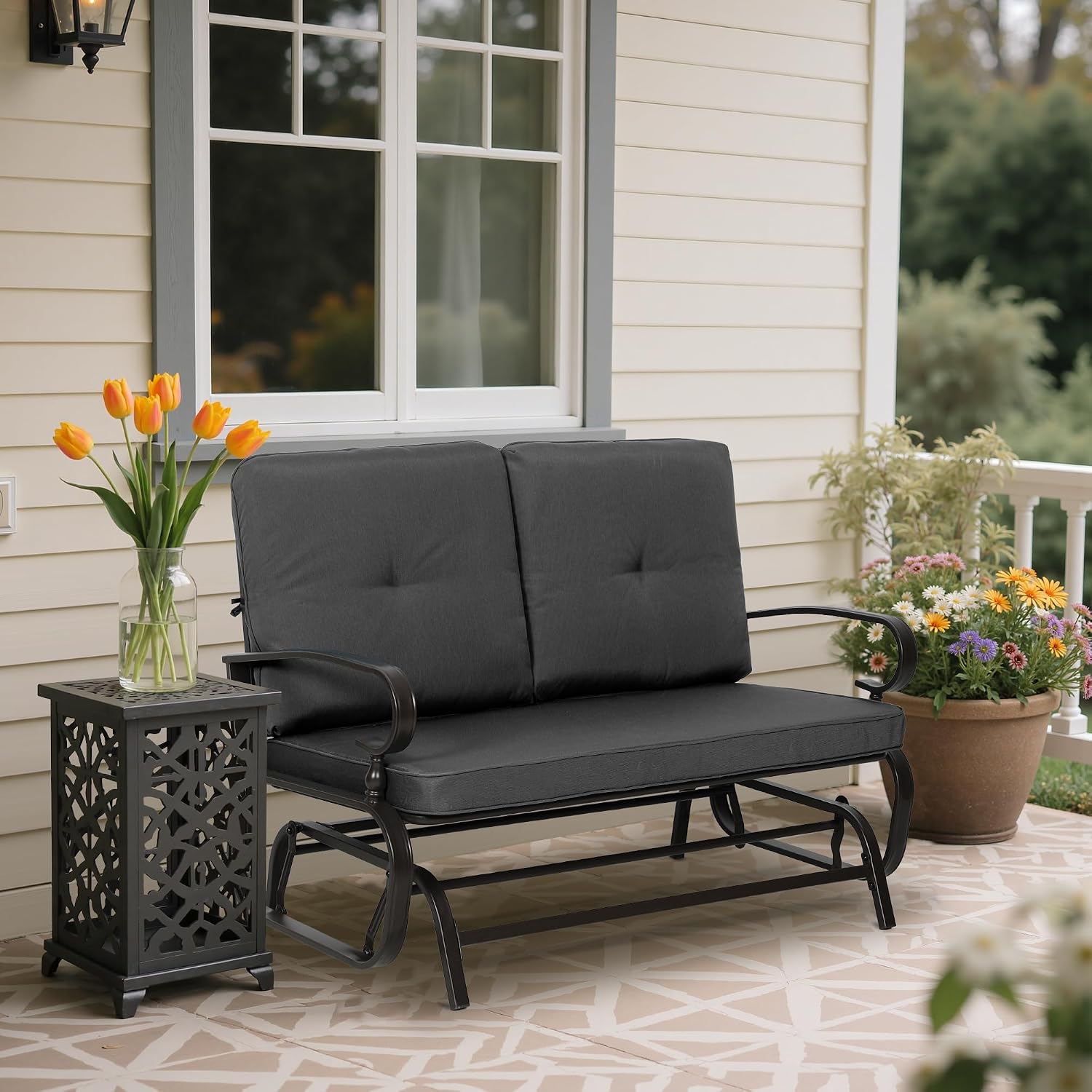 Outdoor Bench Patio Swing Glider Loveseat 2 Seats Rocking Chair, Wrought Iron Gliders for Outside Patio with Cushion (Grey)