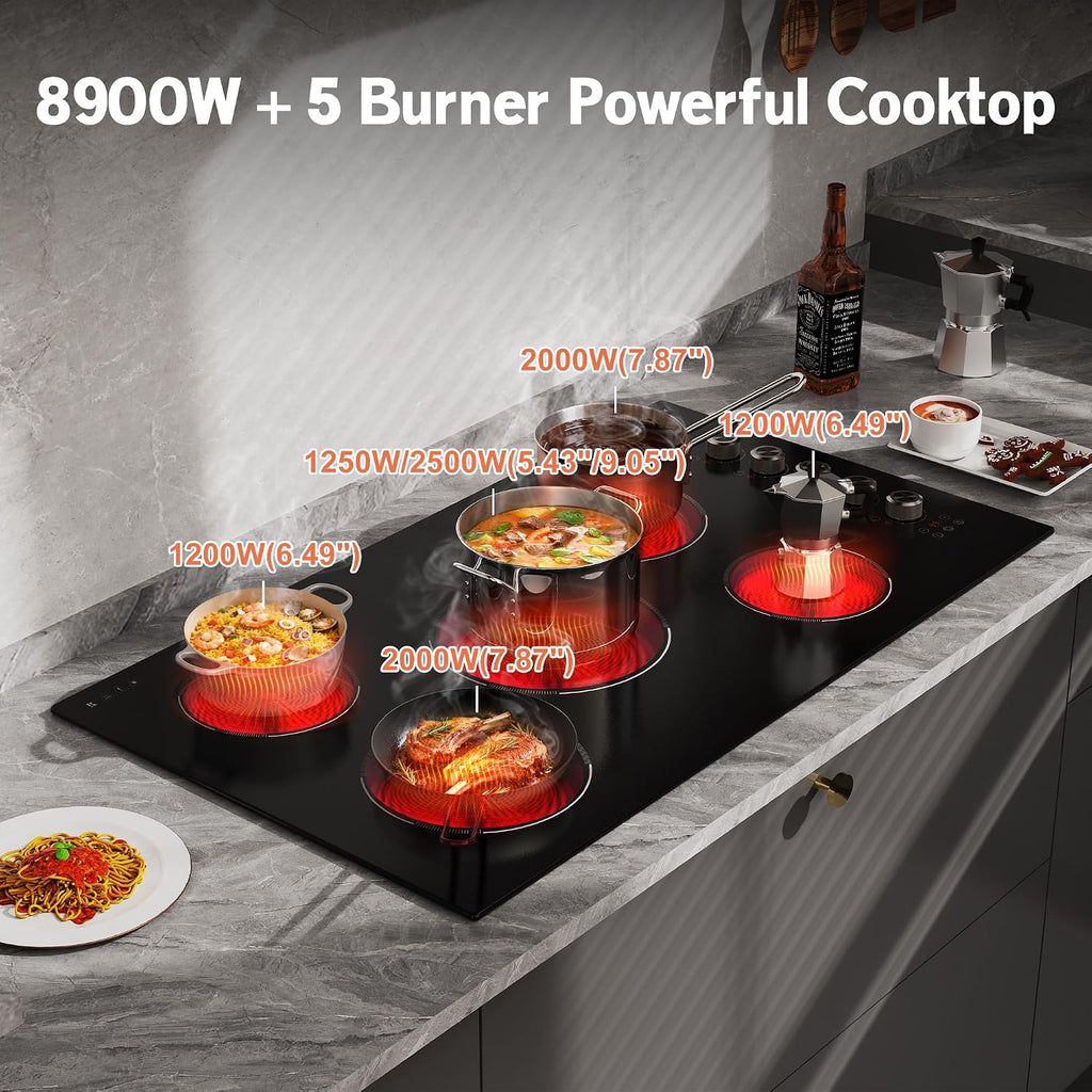 36 Inch Electric Cooktop 5 burner Karienvir, 8900W Built-in Electric Stove Top, Cooktop 36' with Double-ring Burner, Knob & Touch Control, 9 Power Levels, Timer, Safety Lock, 220V-240V Hard Wire