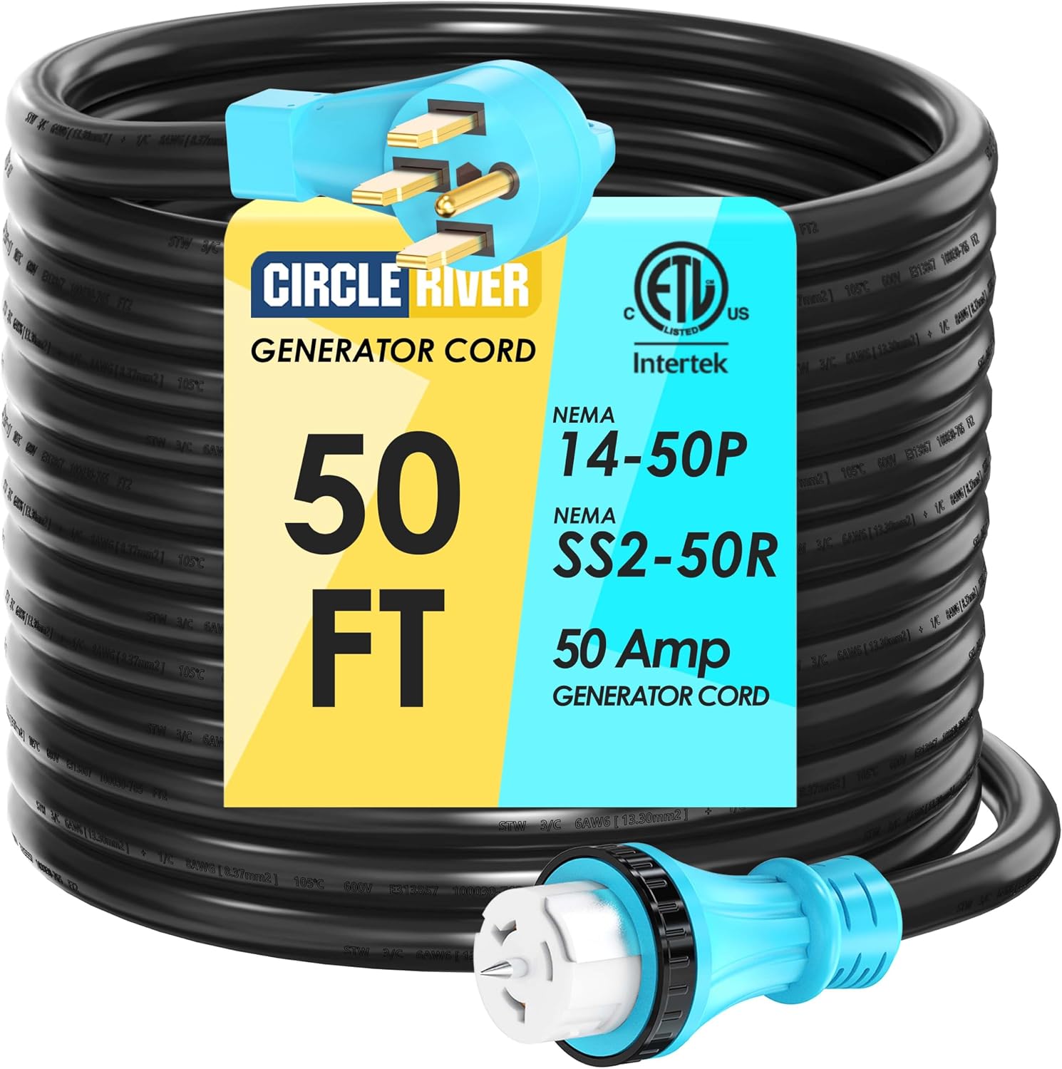 50 Amp Generator Extension Cord 50 Feet NEMA 14-50P Male to SS2-50R & CS6364 STW 6/3+8/1 AWG 125/250V Generator Power Cord Twist Lock Connectors for Generator to House
