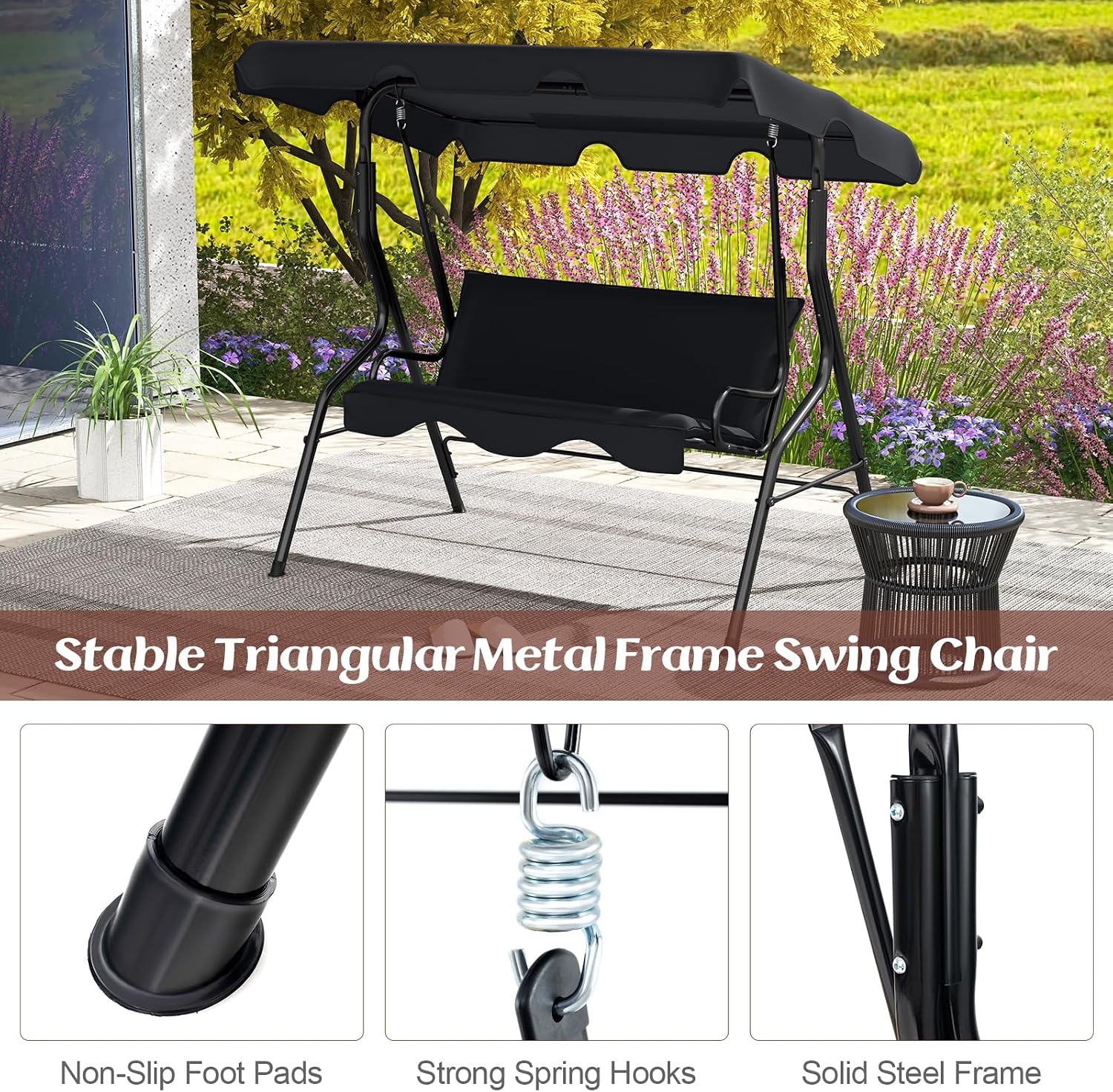 Tangkula 3 Person Porch Swing, Patio Swing with Removable Cushion & Powder-Coated Steel Frame, Outdoor Swing with Canopy for Porch, Backyard, Garden, Balcony (Black)