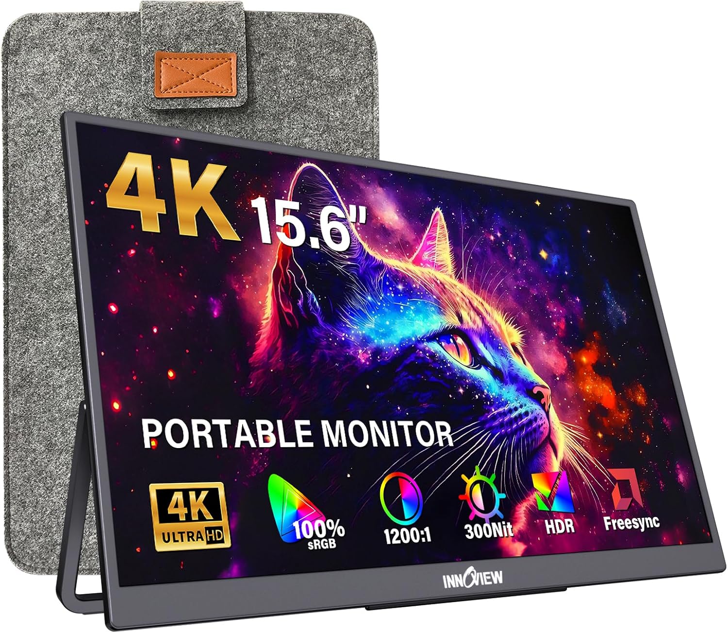 InnoView 15.6' Portable Monitor 60Hz 4K UHD 3840x2160 | 100% sRGB HDR | Travel Monitor with 2 USB-C & HDMI Ports | Second Screen for Laptop Mac PC Xbox PS5 Switch (Includes Adapter)