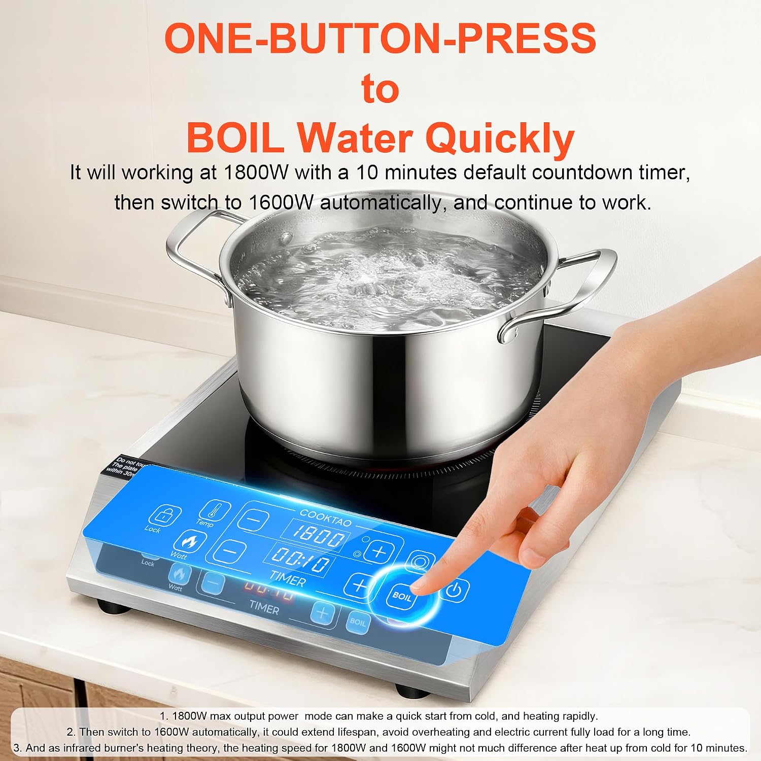 Dual Coils Design of Stainless Steel Single Burner Electric Cooktop, 1800W Commercial Ceramic Infrared Cooking Hot Plate, Portable Countertop Radiant Stove Top Cooker with WATT and TEMP Control