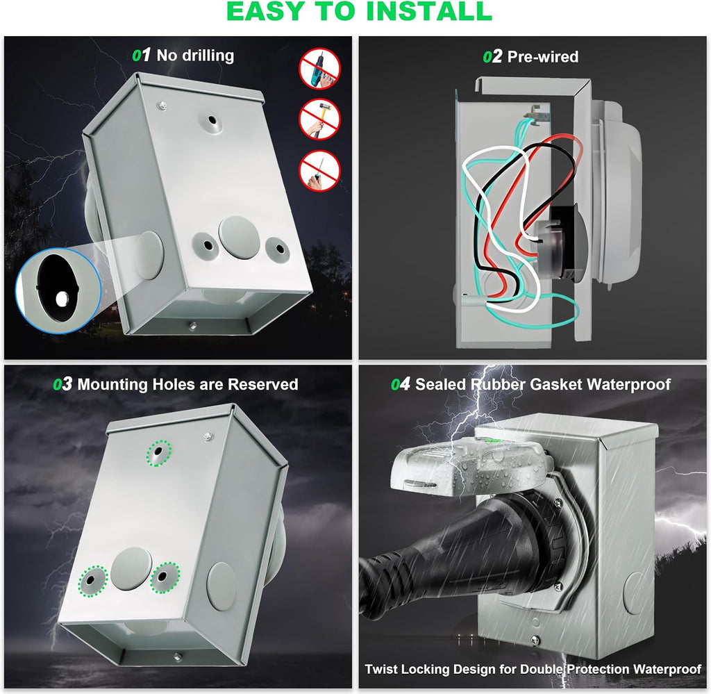 50 Amp Generator Cord and Inlet Box Kit - 50FT ETL Certified Twist Lock, NEMA 14-50P to SS2-50R, Pre-Drilled for Easy Installation, STW 6/3+8/1 AWG for 125V/250V