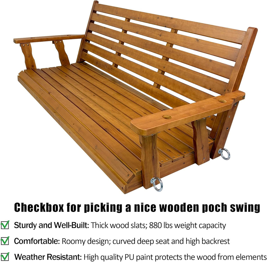 Wooden Porch Swing, Ergonomic Seat, Bench Swing with Hanging Chains and 7mm Springs, Heavy Duty 800 LBS, for Outdoor Patio Garden Yard (Brown, 3-Seater Extra Large)