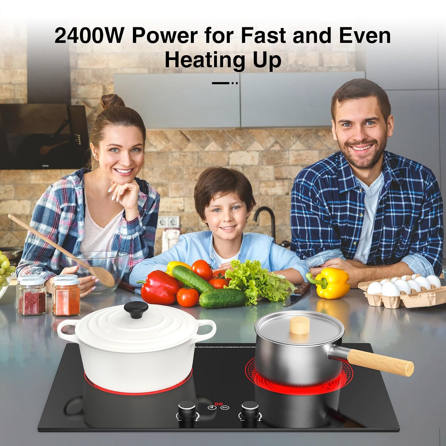 2 Burner Ceramic Cooktop, 2400W 110V Built-in or Countertop Electric Cooktop with Touch Screen & Knob Control, 10 Heat Settings, Child Lock, Timer, Overheat Protection.