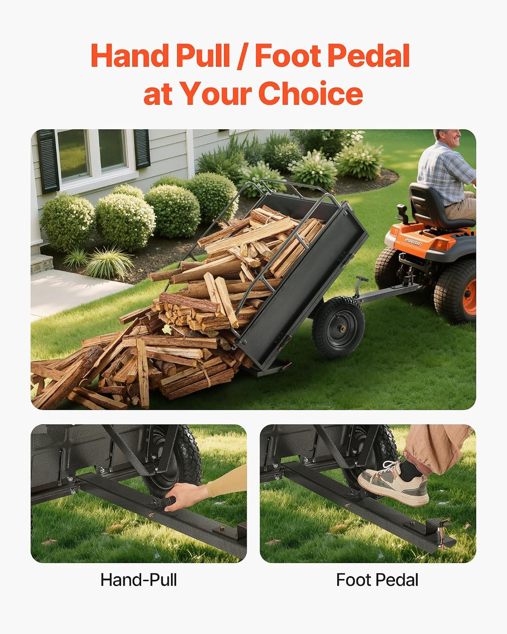 VEVOR 10 Cu.Ft. & 500lbs ATV Trailer Dump Cart Tow Behind, Heavy Duty Utility UTV Trailer, Tow Behind Steel Yard Dump Wagon Cart with 14' Tires for Lawn Mower Tractor
