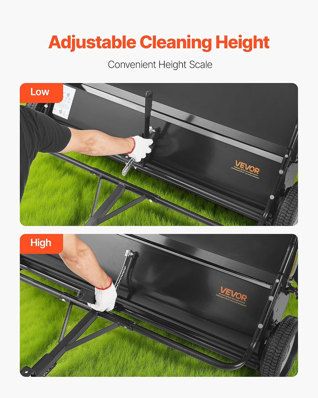 VEVOR Tow Behind Lawn Sweeper, 48 in Pull Behind Yard Sweeper, 26 cu. ft Hopper Bag Capacity, Leaf & Grass Collector with Dumping Rope, Adjustable Sweeping Height, Garden Sweepers for Lawn Farm