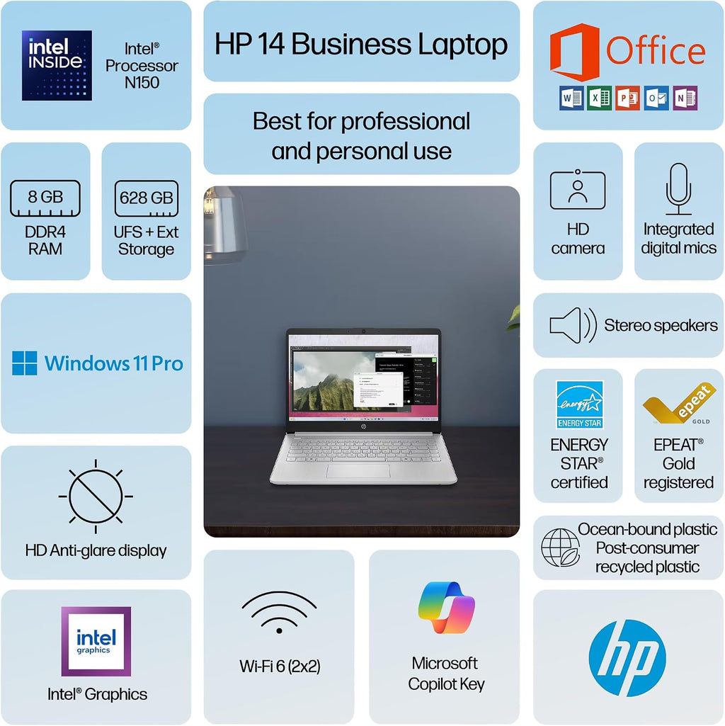 HP Ultrabook 14 Laptop Computer Business Study & Home 2025, Lifetime MS Office + Windows 11 Pro, Quad-Core Intel CPU, 8GB RAM & 628GB Storage (128GB UFS+500GB Ext), Wi-Fi 6, HubxcelAccessory, Silver